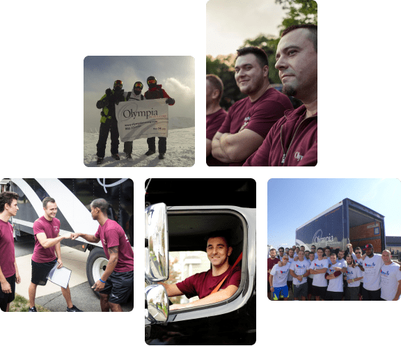 Collage of Olympia crew members, drivers and volunteers at work