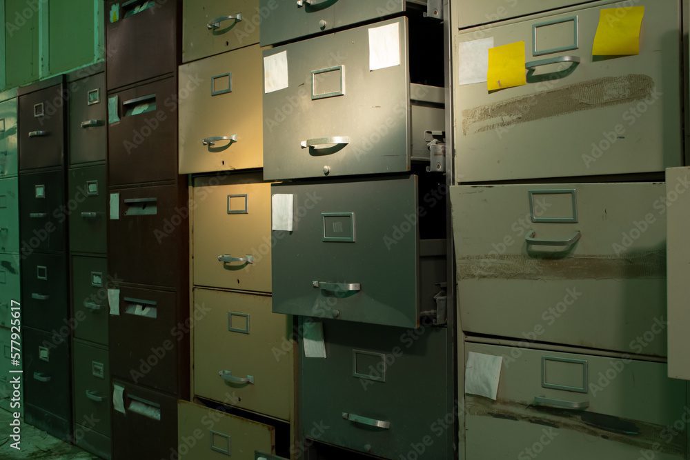 Commercial storage warehouse with racked office equipment