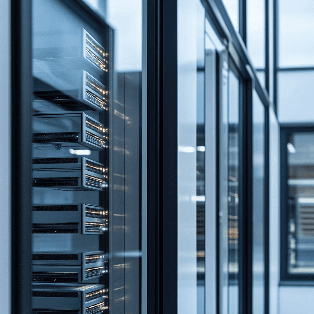 Server racks and technology workstations installed in an office