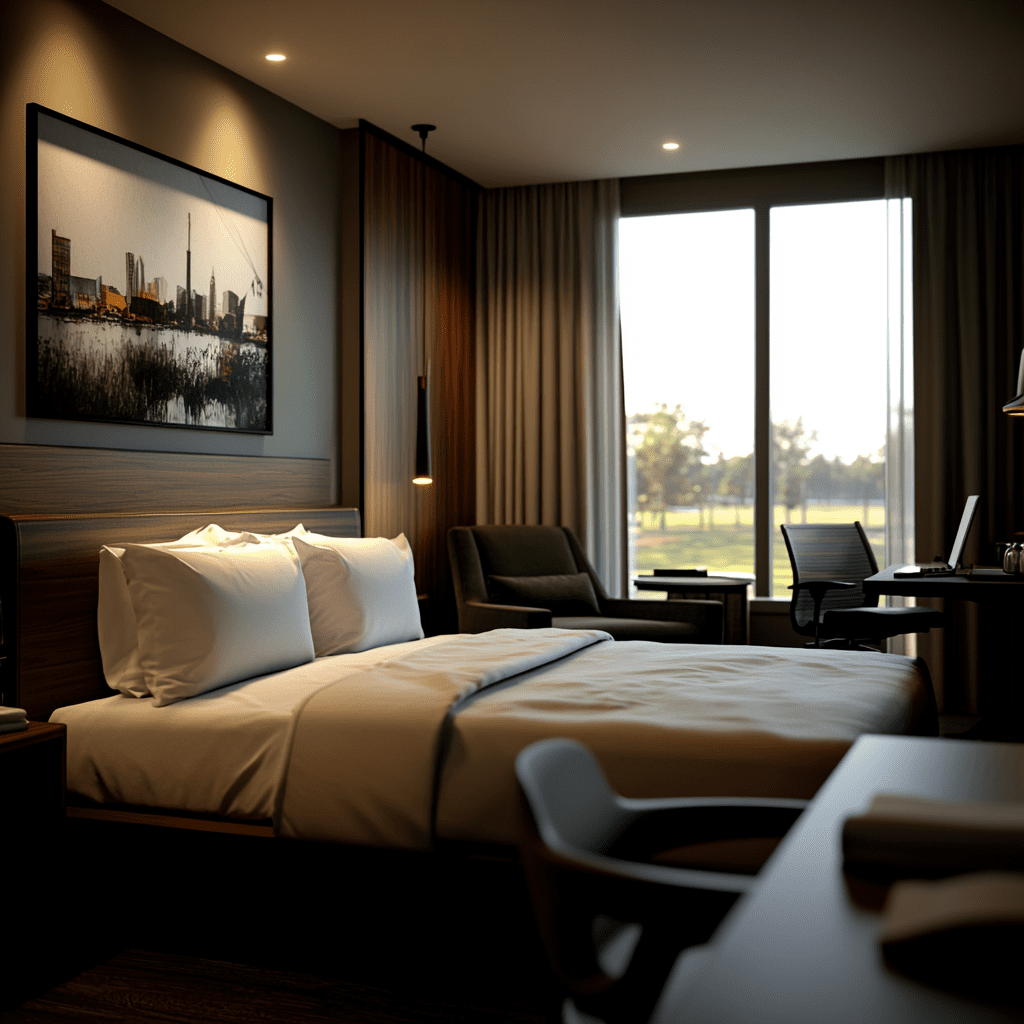 Hotel guest room with new furnishings installed