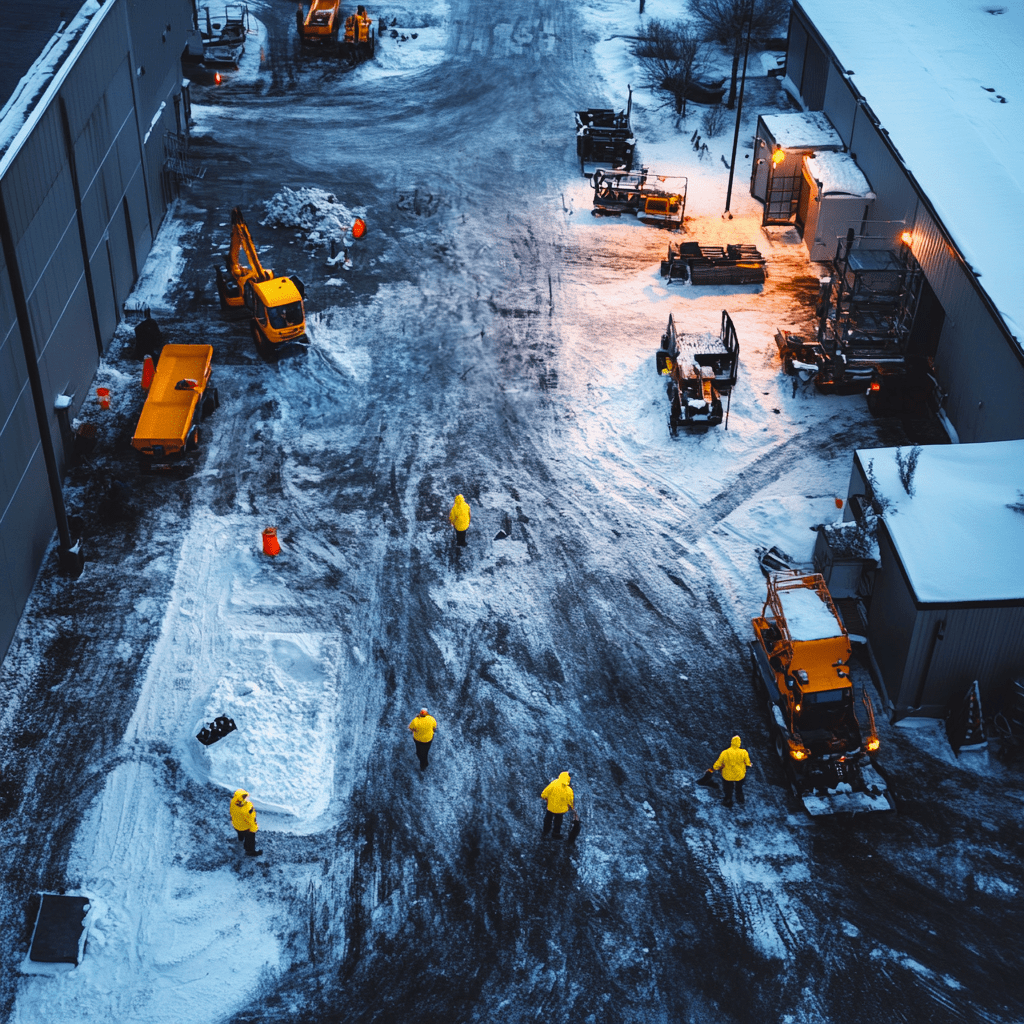 Crew shoveling and salting a snow-covered commercial walkway