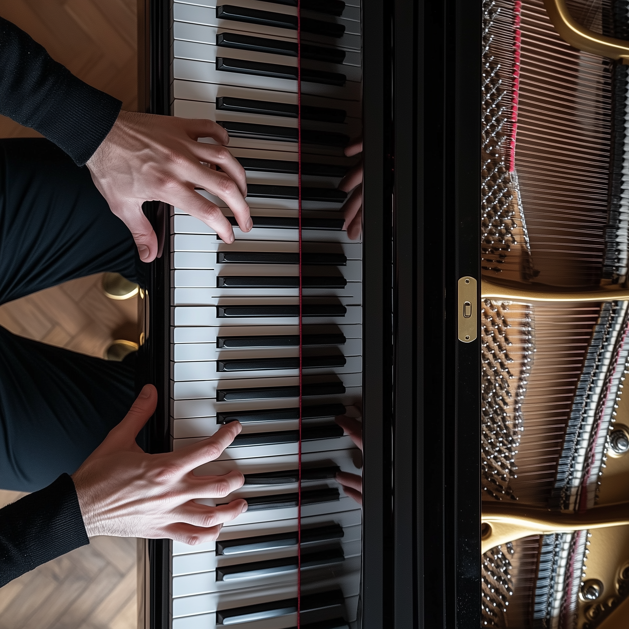 Close-up of hands playing a grand piano