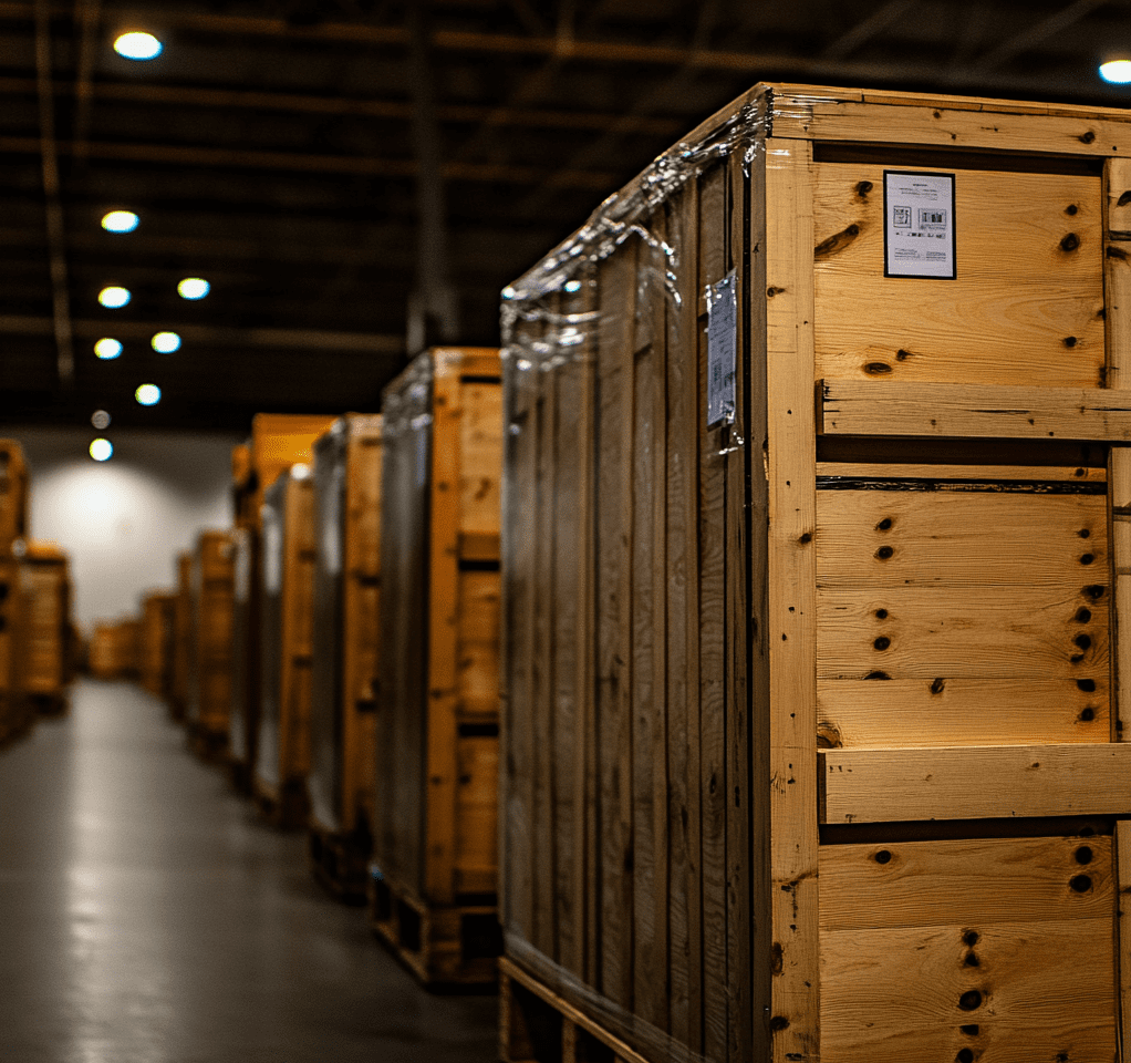 Wooden storage vaults stacked in Olympia's warehouse