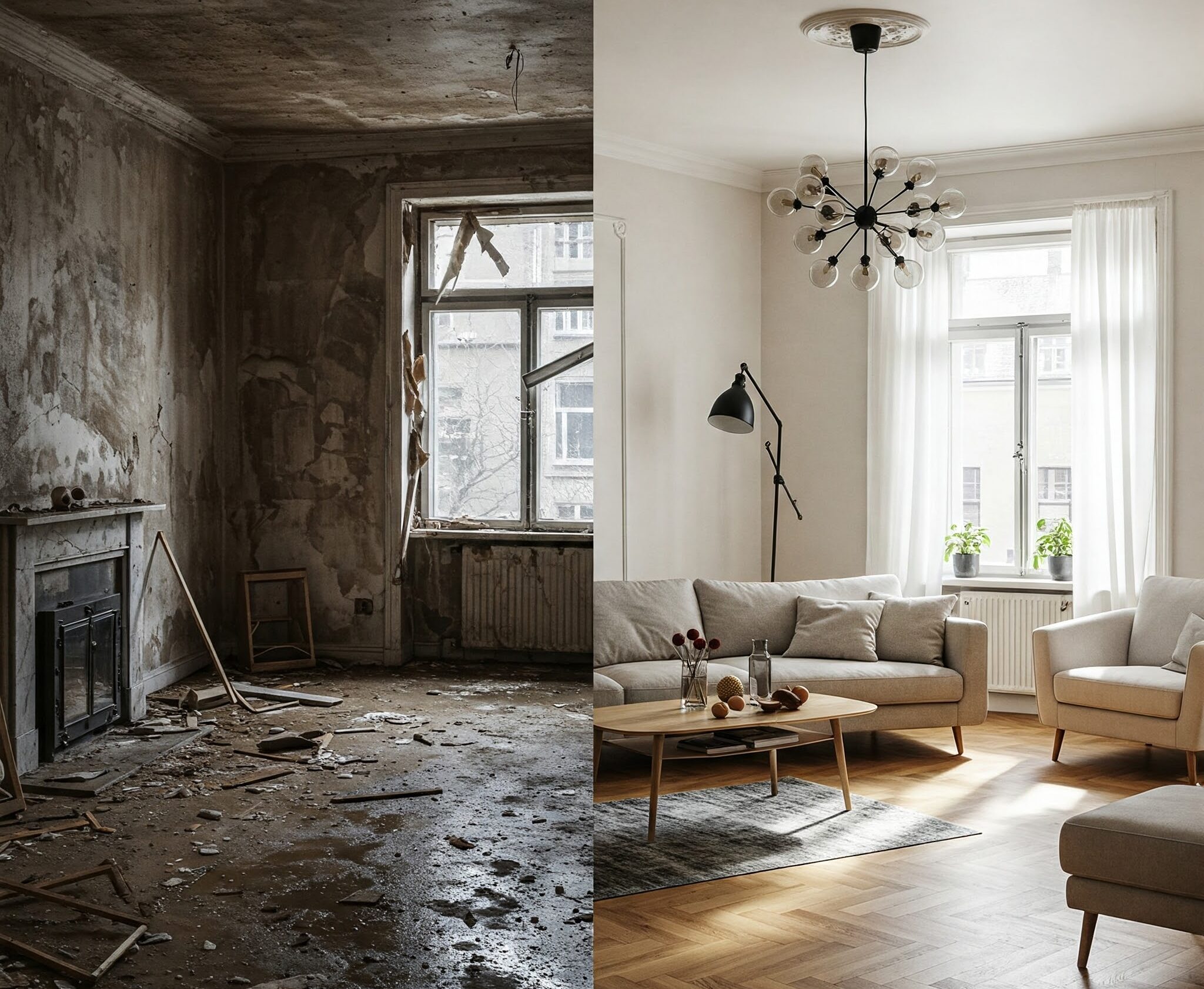 Home interior being cleared during a restoration project
