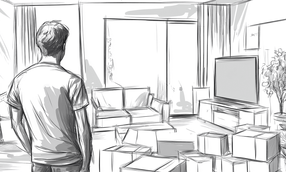 Line sketch of a person holding a moving checklist on a clipboard