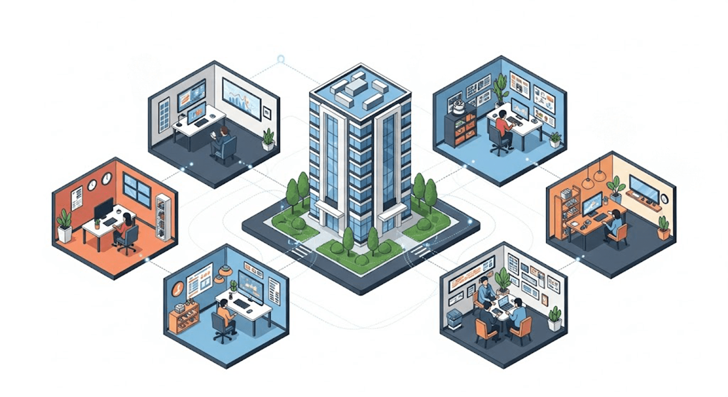 Hybrid office with flexible desks and collaboration space