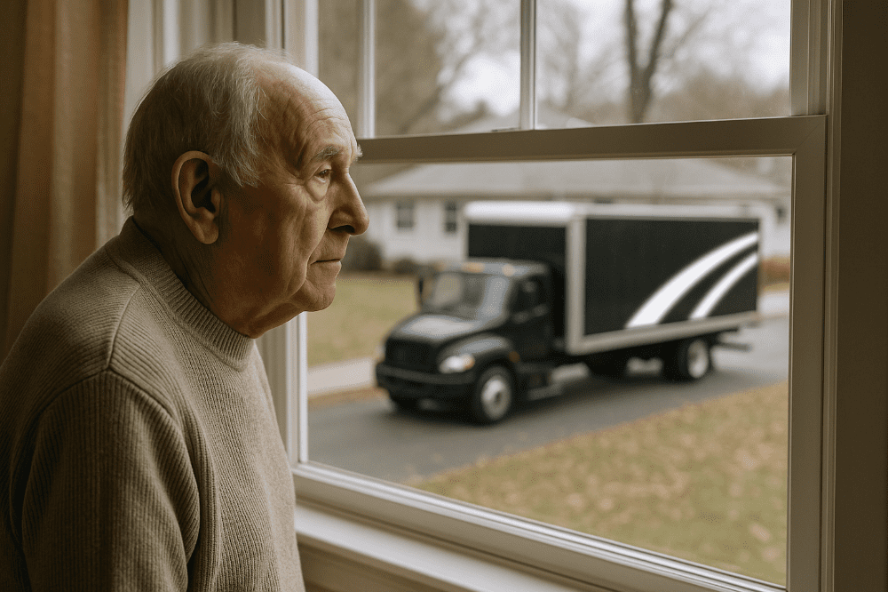 Senior couple sorting belongings during a relocation