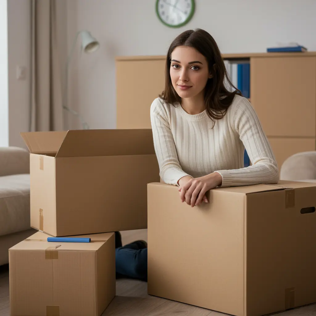 Woman labeling and organizing boxes while preparing for a move