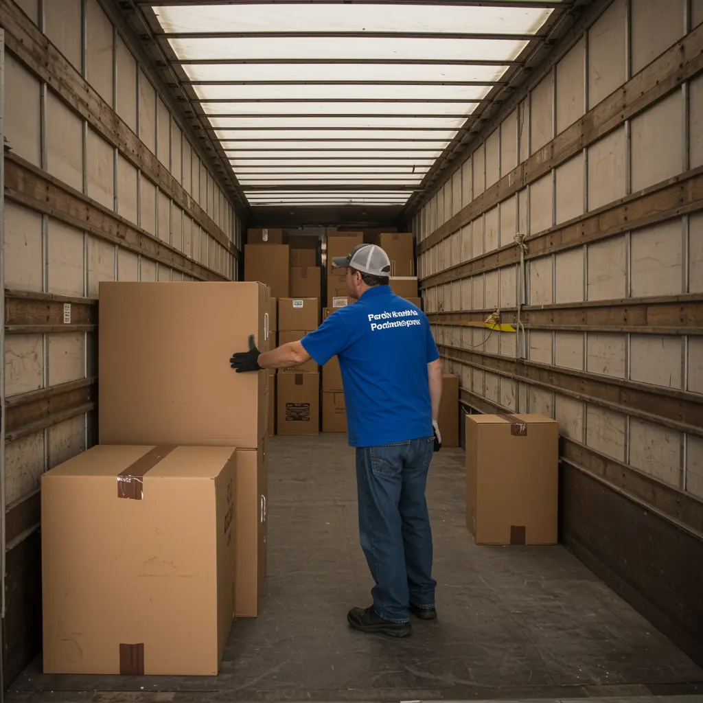Movers loading and securing furniture inside a moving truck