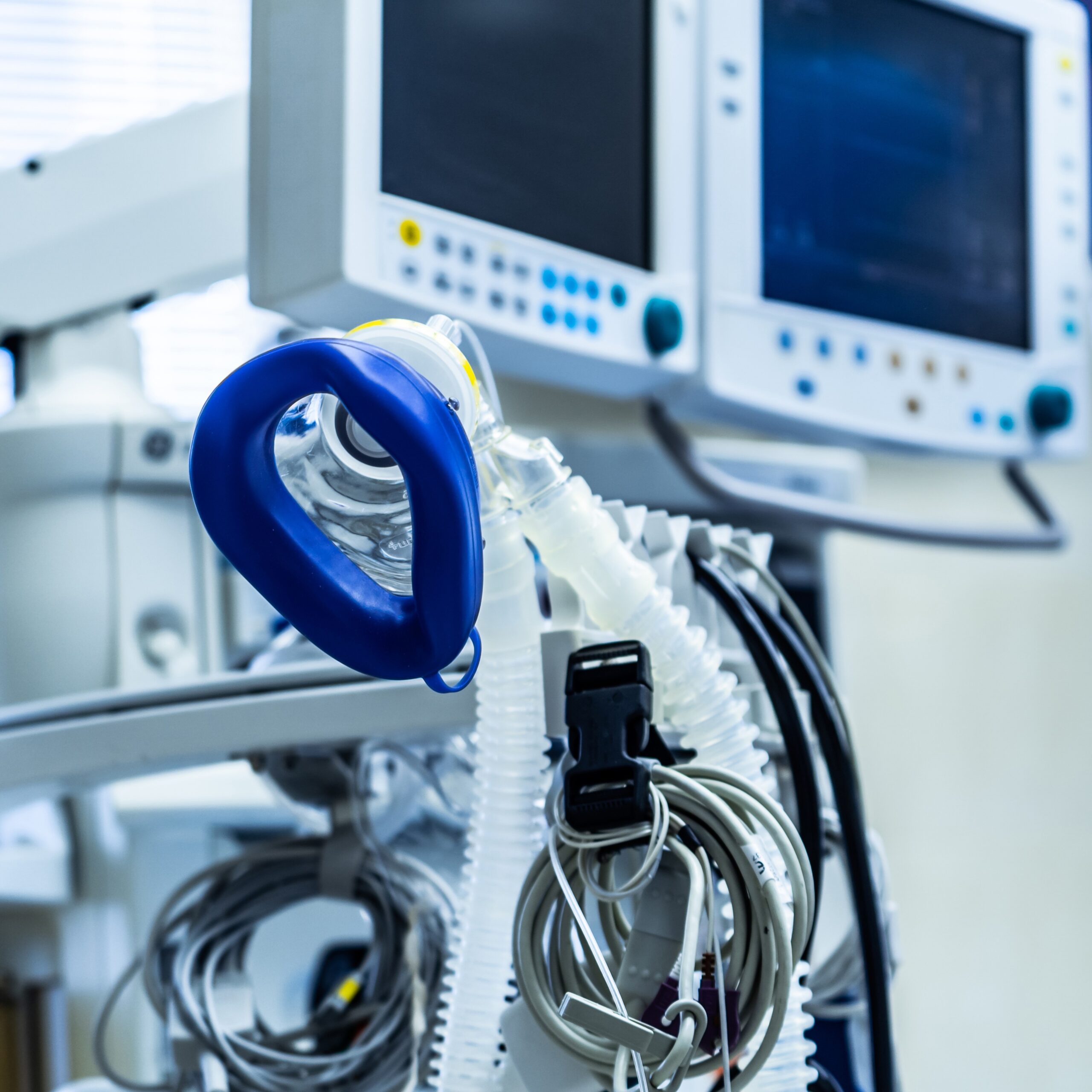Patient monitors and diagnostic equipment in a hospital room