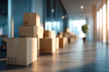 Packed boxes line a sleek office corridor