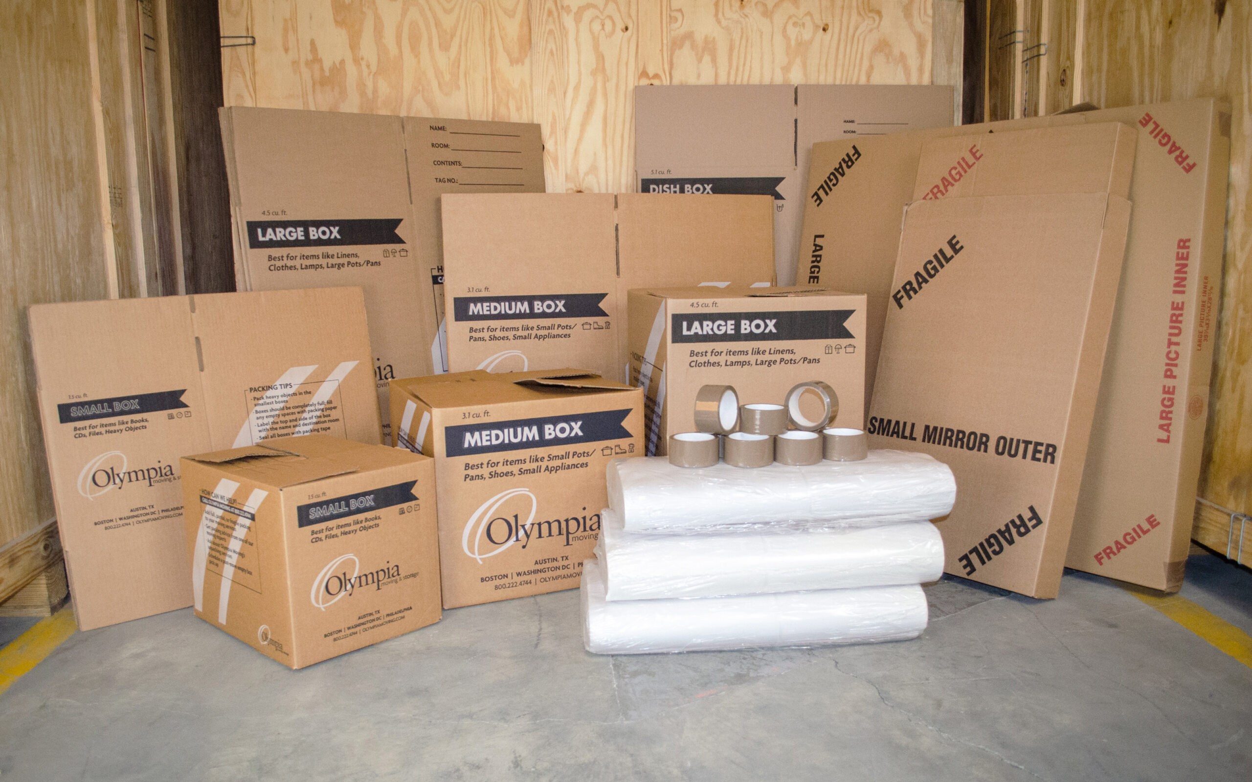 Olympia large moving supply kit with boxes, tape and bubble wrap